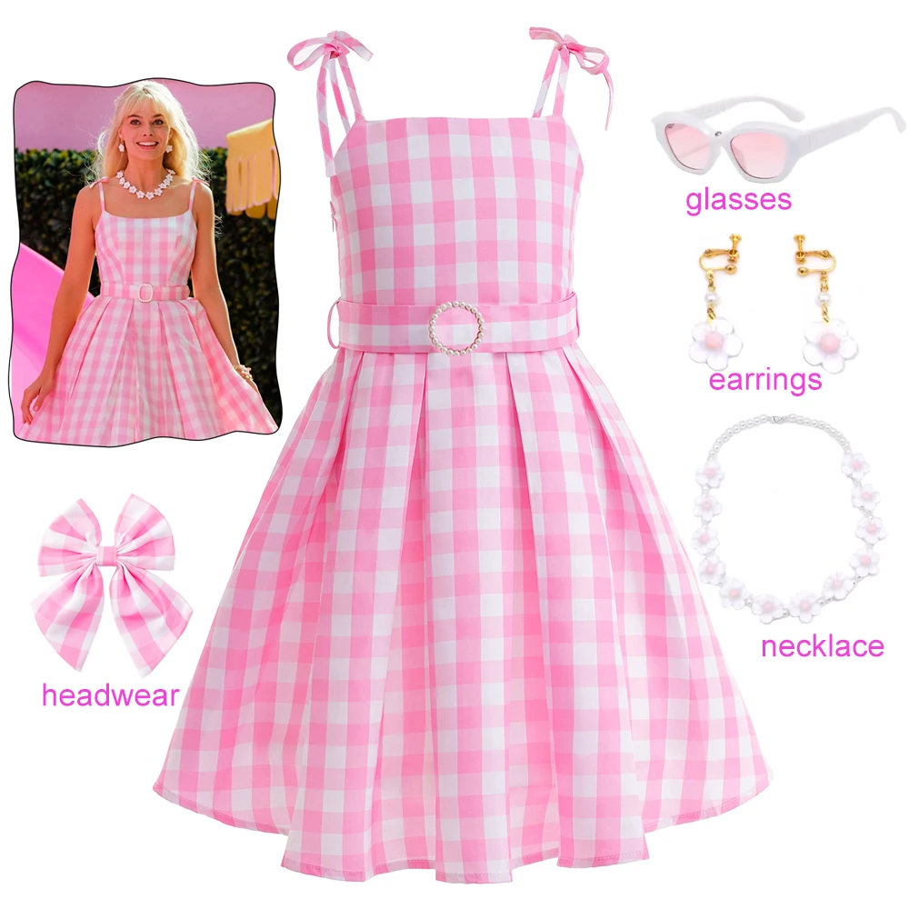 2023 Movie Barbi Cosplay Pink Plaid Dress Necklace Earrings Kids Girls Halloween Costume Carnival Party Outfits Accessories