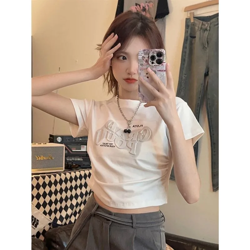 Unique 3D Foam Letter Print White Short Sleeve T-Shirt for Women Trendy White Slim Fit Cotton Crop Tops Women Clothing