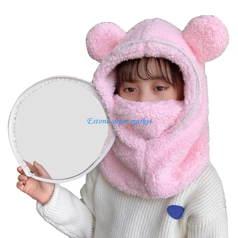 090B Warm and Wind Resistant Ear Protections Cap Neckerchief Cartoon Bear Full Face Cover Neck Scarf Hat for Kids 2-8T