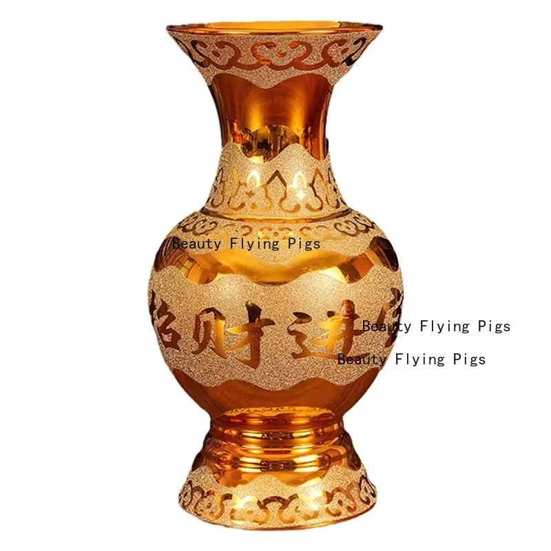 1PC Gold Ceramic Tabletop Vase Buddha Utensil Prayer Enshrine  Living Room Decoration Make A Fortune Flower Planter Home Decor