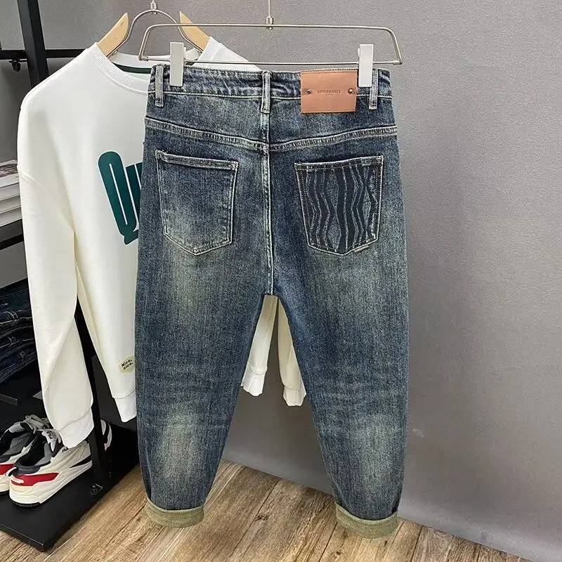 

Embroidered Slim Fit Men's Jeans Youth Fashionable Vintage Style Eight-Piece Pants Cotton Polyester Blend mid Waist Zipper Fly