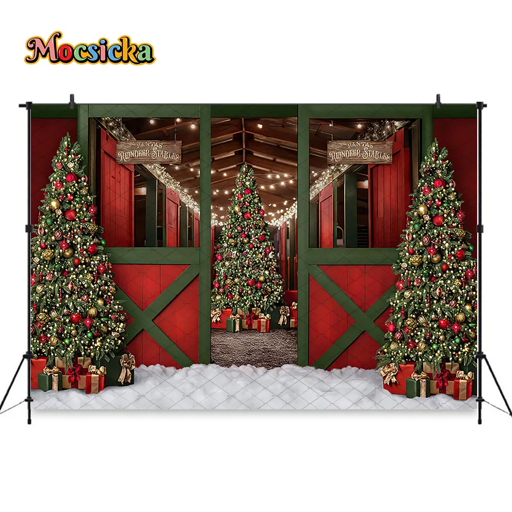 Mocsicka الشتاء الأيائل مزرعة خلفية التصوير الفوتوغرافي الأحمر عيد الميلاد إكليل ندفة الثلج باب خشبي خلفية الاطفال الأسرة استوديو الصور
