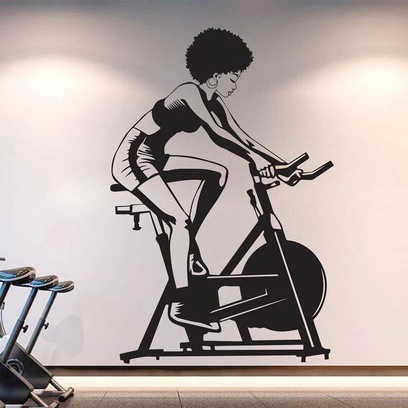 Afro American Girl Vinyl Sticker Gym Wall Decal, Gym Bike, Fitness Collage, Wall Decor Motivational Art E611