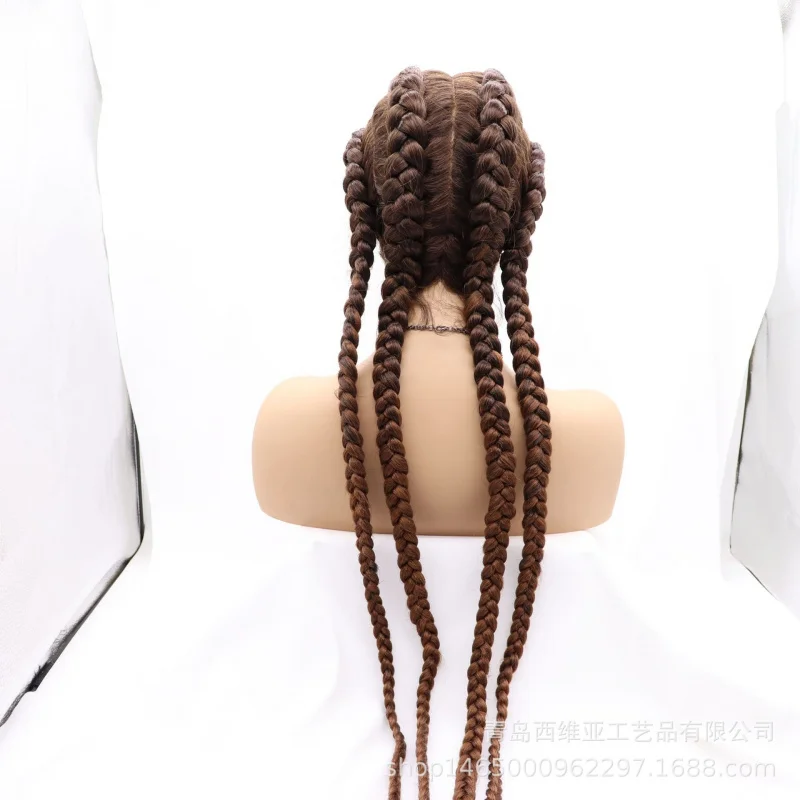 Hand-woven lace synthetic fiber wig with bangs and four braids