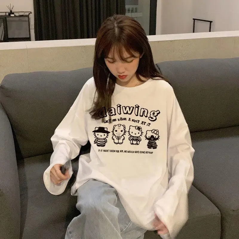 

Новая осенняя корейская белая футболка с длинными рукавами Hello Kitty Sanrio для студенток, универсальная свободная базовая модель, топы Ins