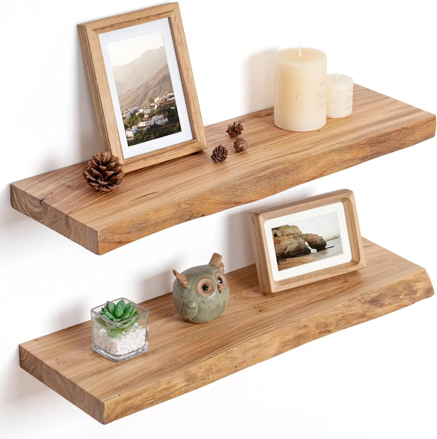 

Rustic Elm Wood Live Edge Floating Shelves Set of 2 Wall Mounted 24 Inch for Living Room Bedroom Kitchen