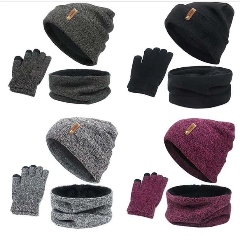 Fleece three-piece warm suit, winter hat, scarf, touch screen gloves