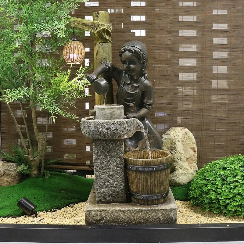 European-style garden rockery, flowing water generates wealth, circulating water feng shui wheel ornament, balcony courtyard lan