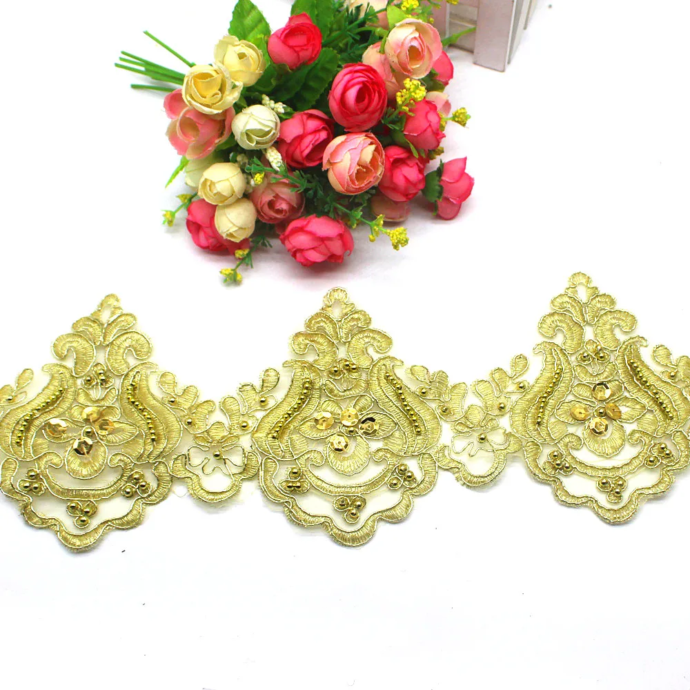 1 Yard Gold Embroidered Lace Beaded Flower Lace 3d Wedding Trims Scalloped Lace Applique Flower Border 11CM