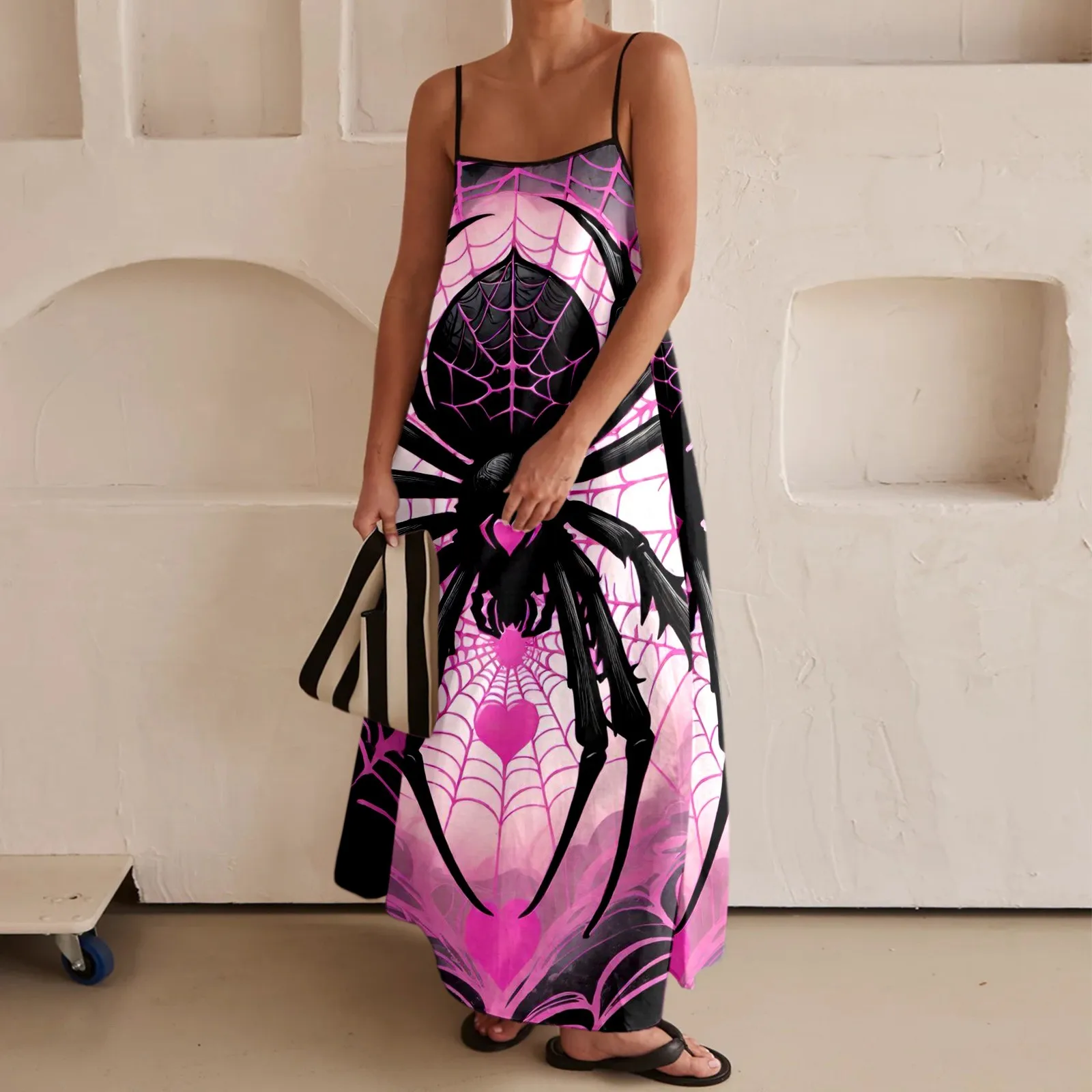 

Womens Fashion Maxi Dress Contrast Trim Spaghetti Straps Outfits Vacation Sleeveless Long Dresses Halloween Print Maxi Dresses