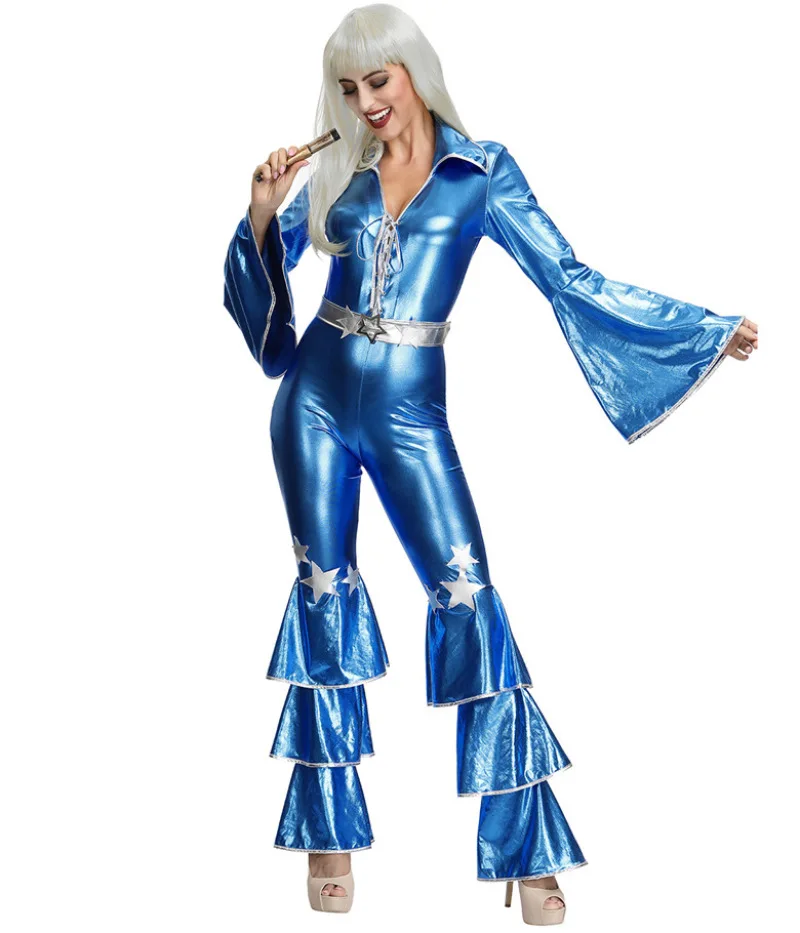 Women 70s Cosplay Disco MAMA Foxy Costume Halloween Carvinal Jumpsuit Blue PU Bell Bottom Romper