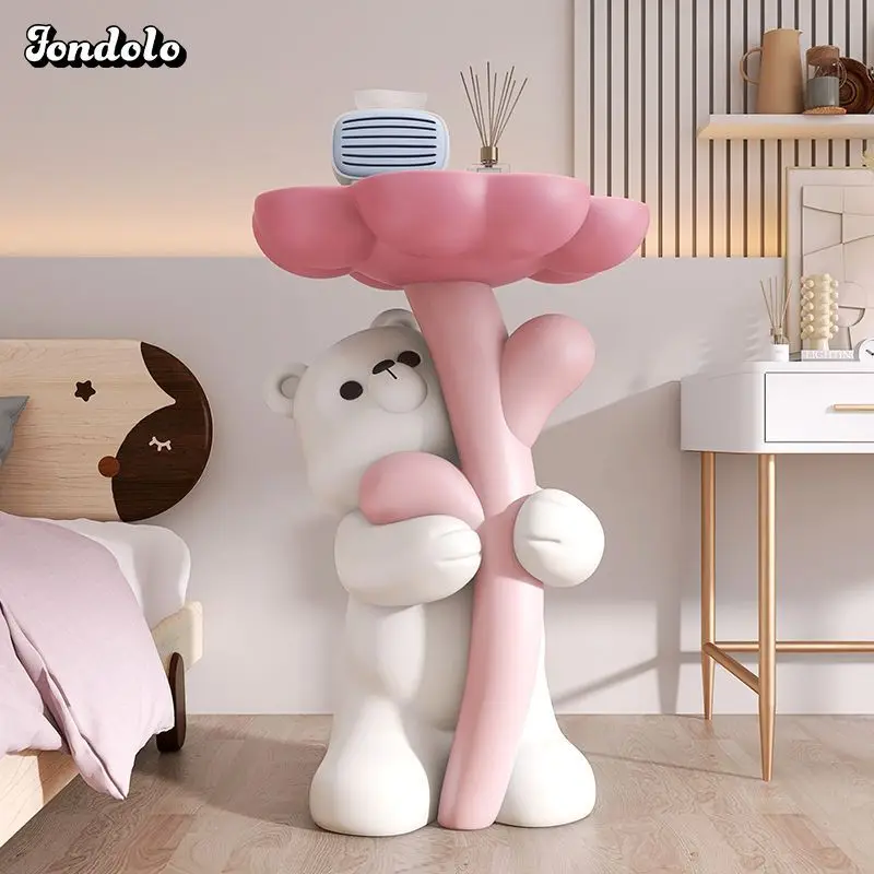 Cute Bear Embracing Flowers And Landing  Side Table Ins Style Living Room Bedroom Table Pink Children\'S Room Decoration Bedsid