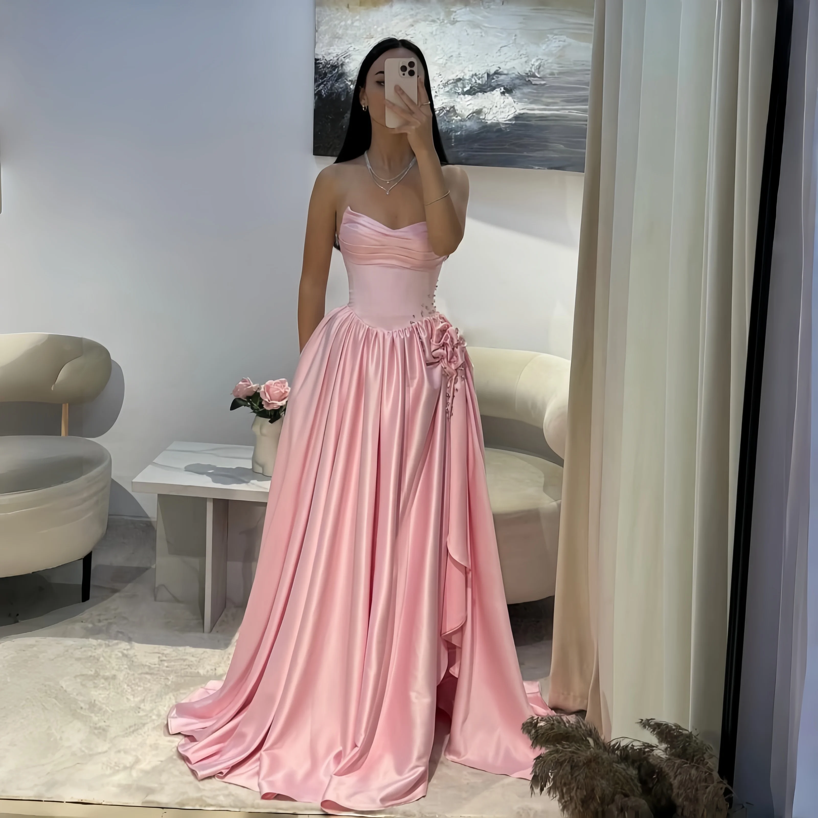 

Pink Strapless Rhinestones Prom Dresses Crystal Side Split vestidos de noiva Pleated Sleeveless Evening Dress Customized