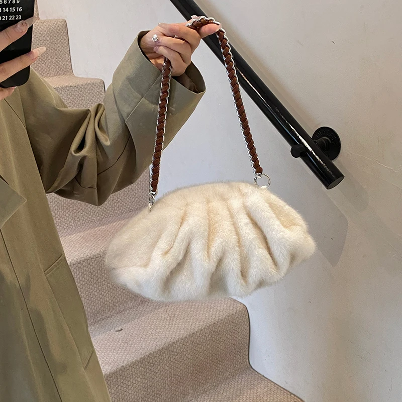 Luxury Faux Fur Pleated Shoulder Bag for Women 2024