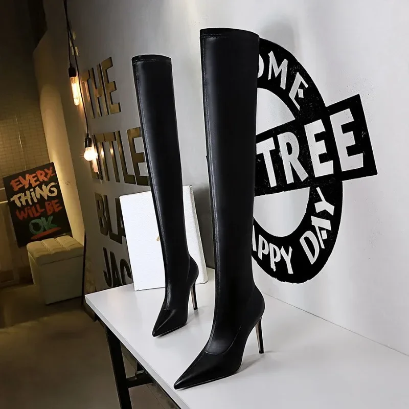 Autumn Winter Ladies Over The Knee Women Boots  Sewing PU High Heels 9.5CM Thin Heels High Quality Woman Long Boots Size 34-43