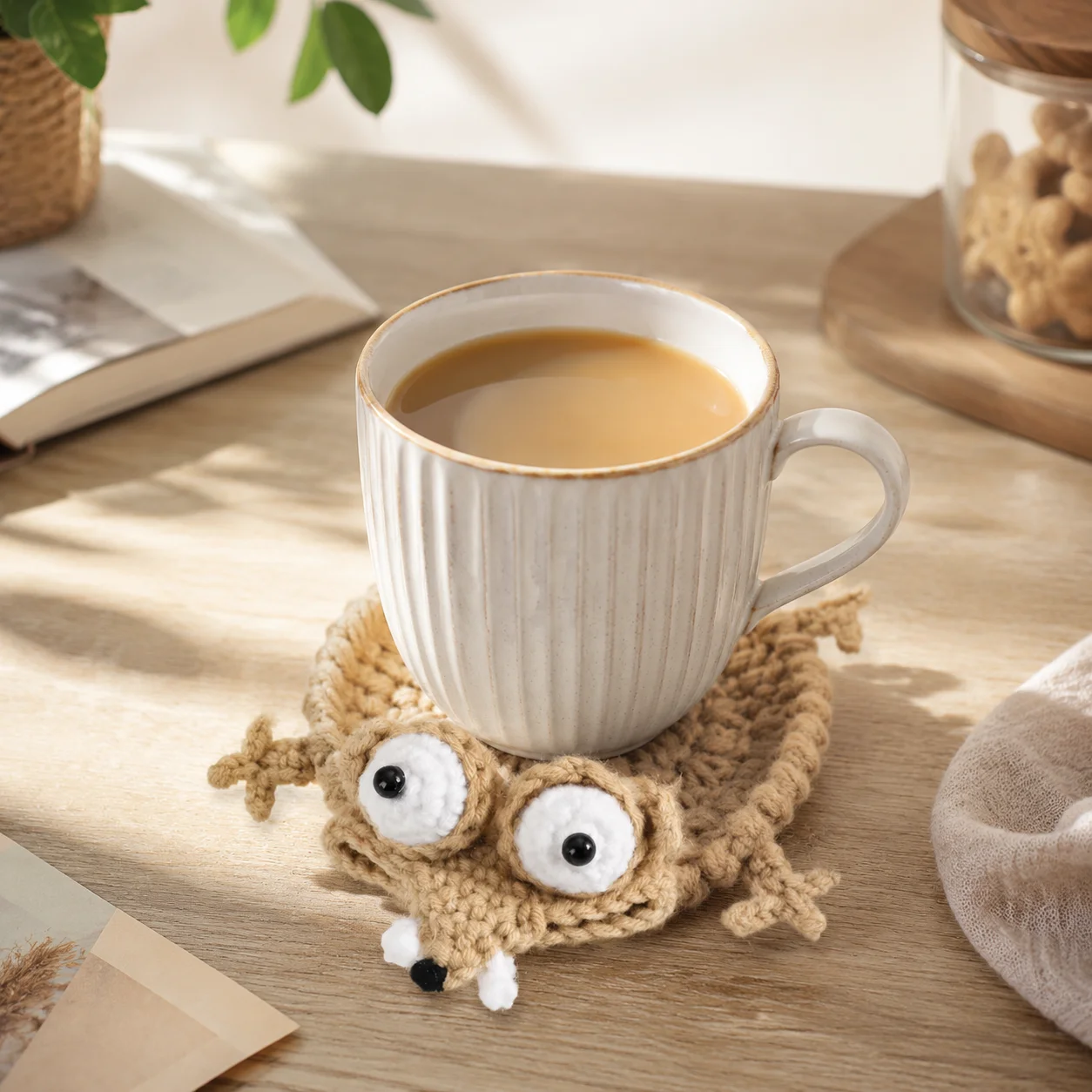 Handmade Crochet Wool Squirrel Coaster Cute Animal Cup Coaster Drink Mat Table Protector Kitchen Dining Living Room Khaki