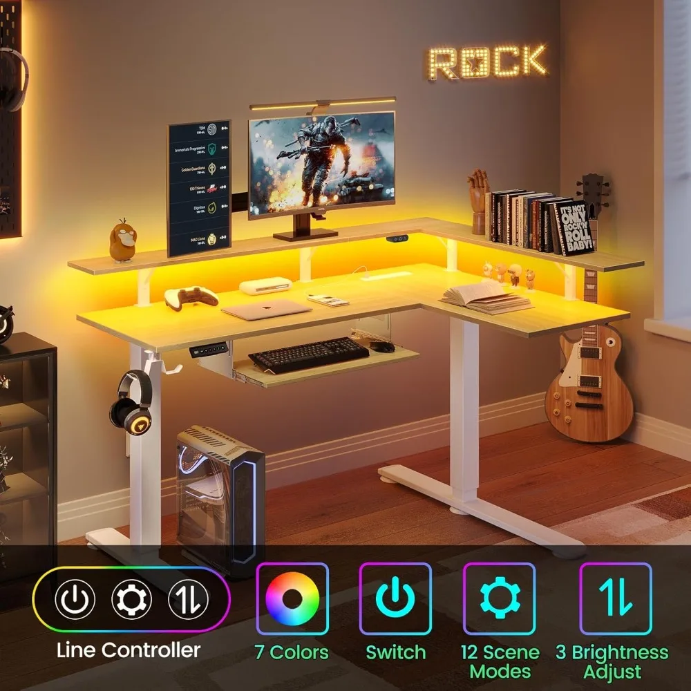 Electric Standing Desk L Shaped with LED Light & Power Outlet, Dual Motor Height Adjustable, Includes Monitor Stand &