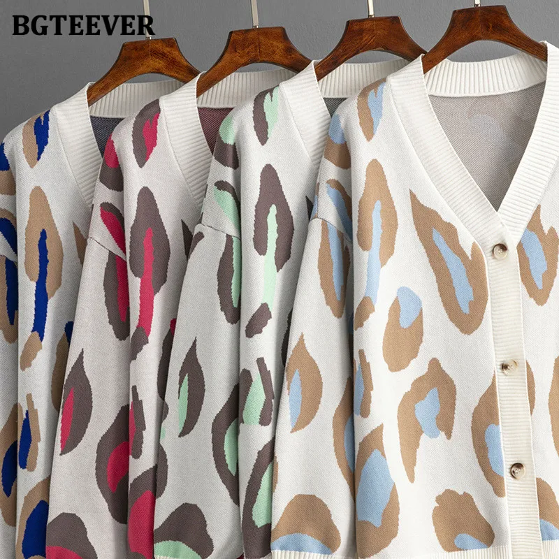 BGTEEVER Stylish Loose Leopard Women Open Stitch Sweaters Elegant V-neck Long Sleeve Female Knitted Cardigans