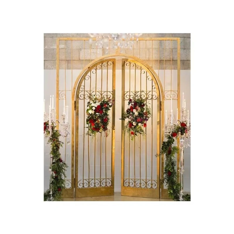 

Gold background wedding metal frame arched flower stand display door background