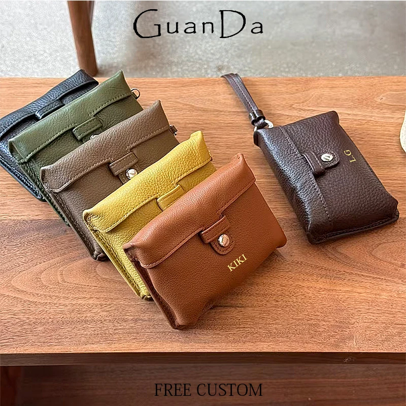 Soft Cow Leather Casual Coin Purse With Neck Strap Custom Initials Fashion Woman Card Wallet Luxury Lady Lipstick Storage Bag