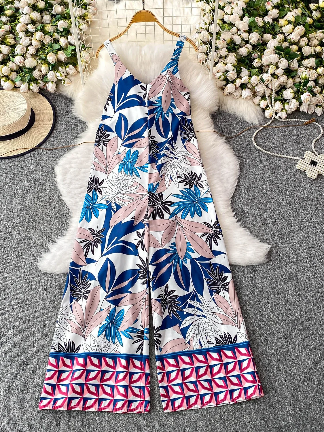 Slimming Wide Leg Pants V Ne ter Swimsuit High Waist Belted Holiday Faionable Printed Women's Summer Dr