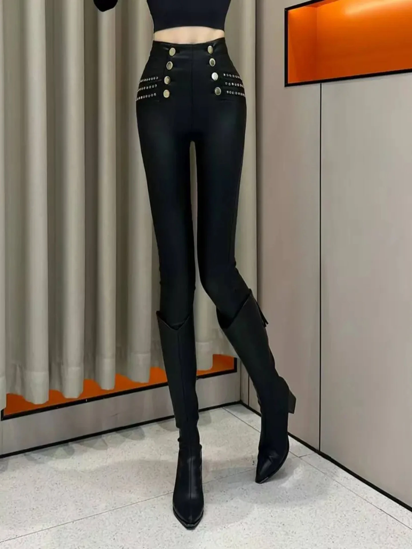 High Waist Double Button Warm Faionable Slim Fit Bootcut Leather Pants Pencil Pants Small Foot Pants Sli Slimming Boot ...