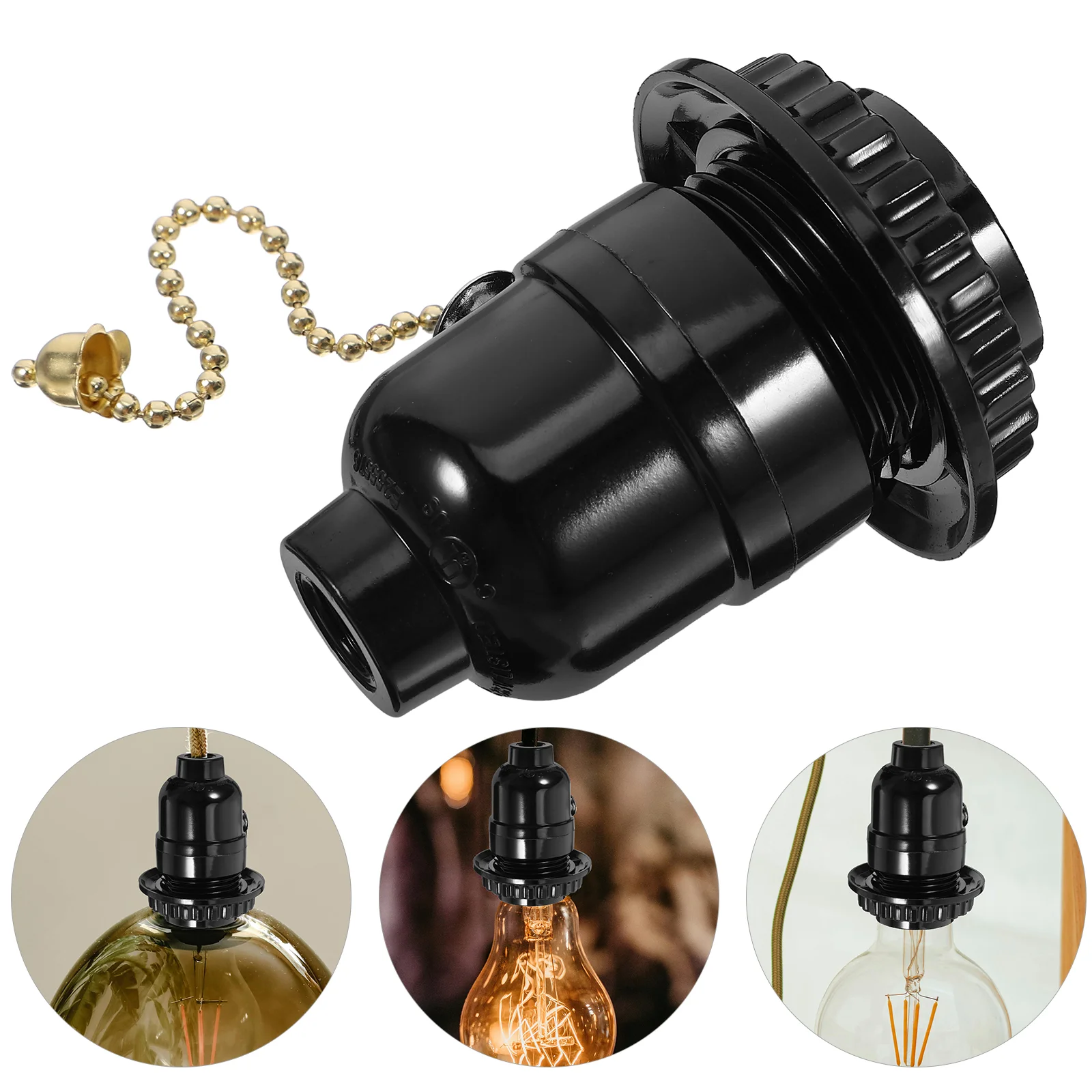 Black Pull Chain Chandelier Lamp Holder Wood Base Pull String Light Fixture Ceiling Socket Replacement USA Standard Shell
