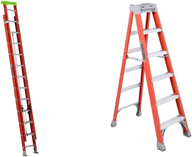 Louisville Ladder 24-Foot Fiberglass Extension Ladder, 300-Pound Capacity, L-3022-24Pt, Red & 6-Foot Fiberglass Step Ladder,