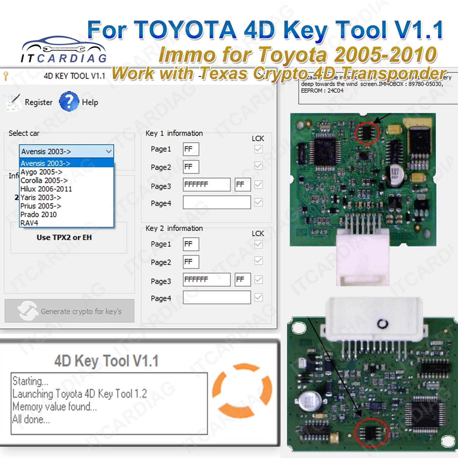 IMMO For Toyota 4D Key Tool V1.1 For Toyota 2005-2010 Immobilizer Repair Software and Synchronization with Motor ECU Utility.