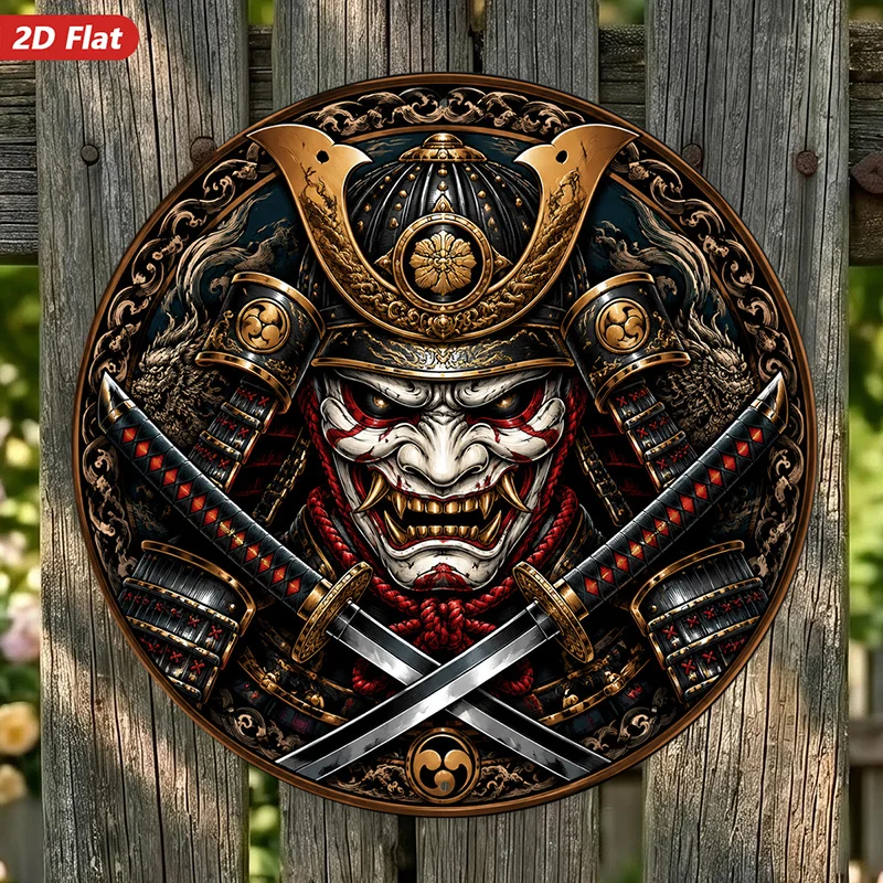 2D Flat, Round Metal Aluminum Sign Wall Art, Samurai Mask Wall Art, Japanese Style, Crossed Swords, Ornate Desig