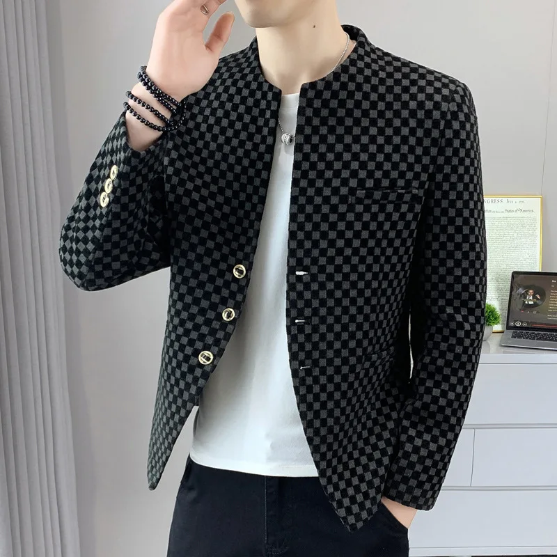 

2025 новый мужской блейзер с двумя пуговицами, повседневный, приталенный, деловой клетчатый пиджак с воротником-стойкой в тон