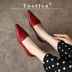 Taoffen New Arrival Women Pumps Real Leather Pointed Toe Spring/Autumn Pumps Fashion Slip On Metal Decoration Office Lady Shoes