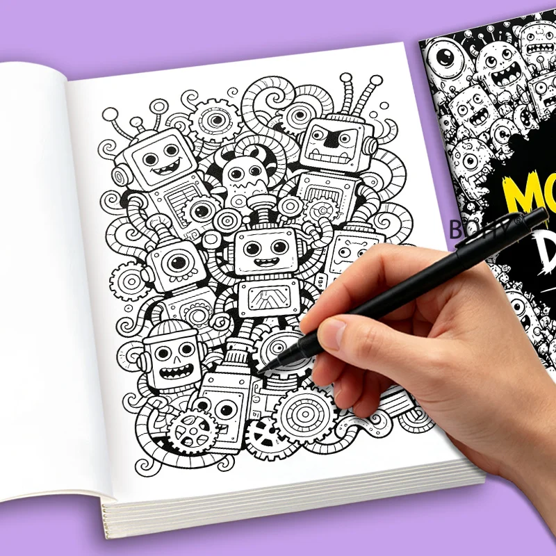 1 Adult Decompression Graffiti Copying and Coloring Book, 24 Pages of Theme Patterns Like Monster Camping and Mechanical Robots