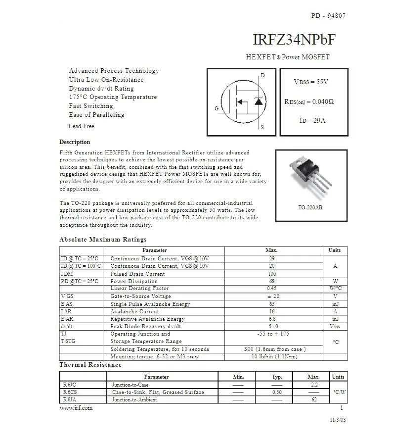 10 Stück IRFZ24NPBF IRFZ24N IRFZ34NPBF IRFZ34N IRFZ44NPBF IRFZ44N IRFZ46NPBF IRFZ46N IRFZ48NPBF IRFZ48N IRFZ14PBF IRFZ14 TO-220 neu – Detail 5