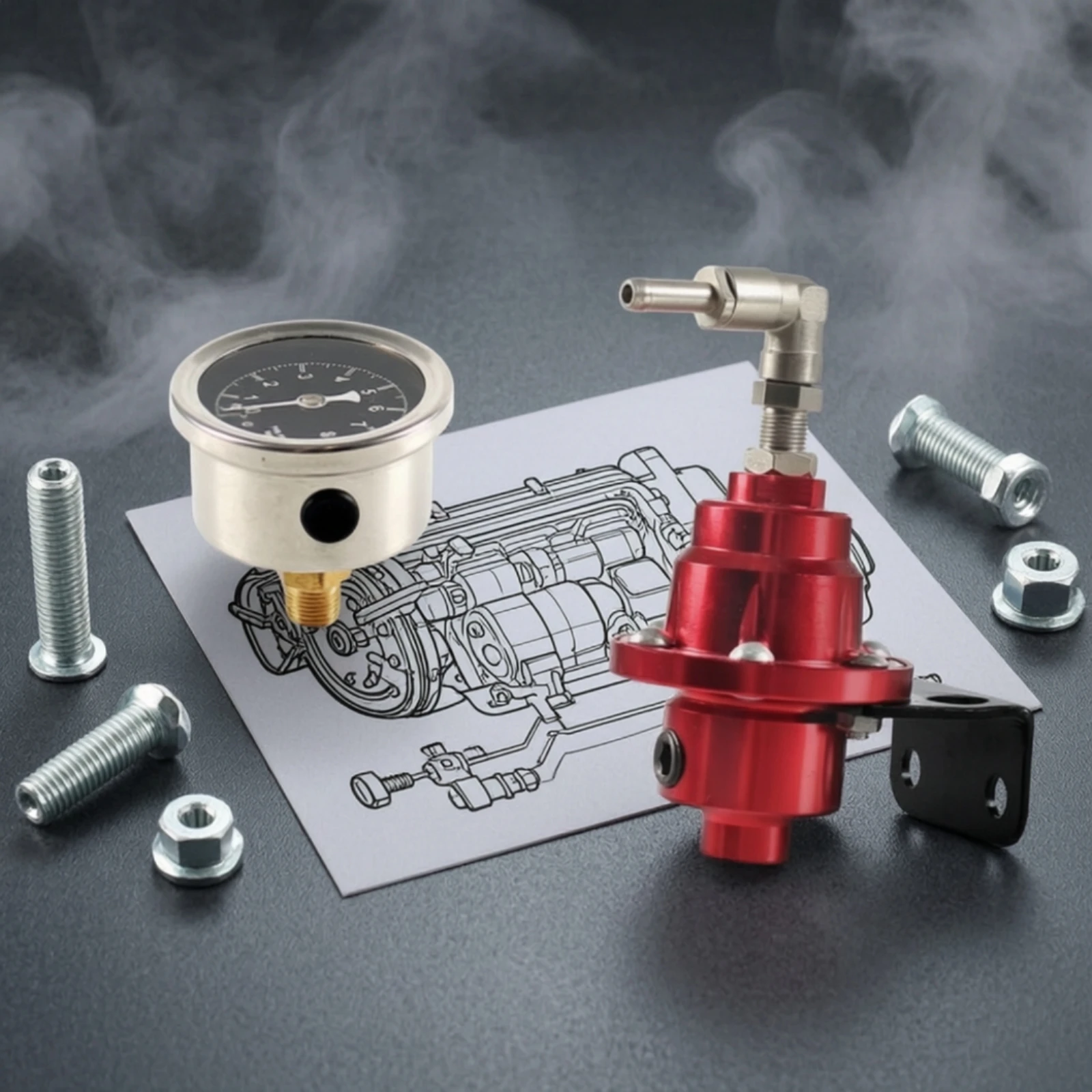 Fuel Pressure Regulator with Gauge Adjustable Fuel Pressure Regulator with Fitting Aluminum Compatible for Car Tuners