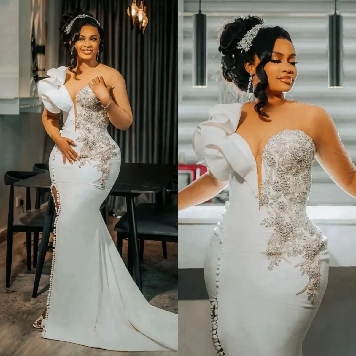 Customized African Women's Bridal Dress Satin Phantom Off Shoulder Mermaid Wedding Dress Side Split Crystal Decoration Dress