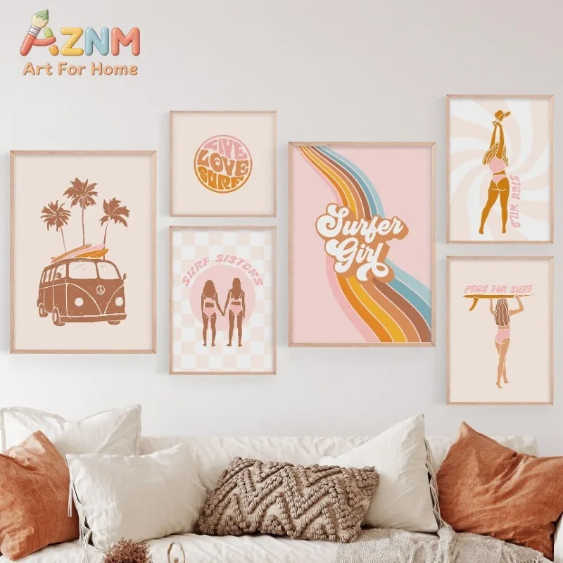 Boho Beach Surfer Girls Modern Surfboard Summer Seashell Poster and Print Canvas Printing Wall Art Picture for Living Room Decor