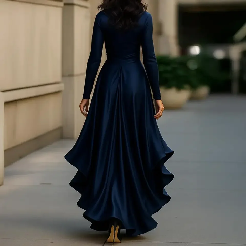 

Fashion Irregular Hem Dress Woman's Spring Autumn Elegance Satin Deep V-neck Lace-up Robe Lady Foreign Style Party Prom Vestidos