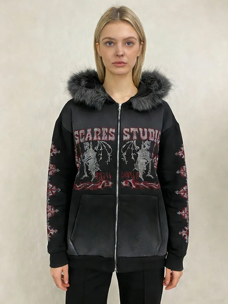 

Unisex Lulu hoodie fashion street Harajuku trend Gothic hot diamond gradient fur collar zipper hoodie winter new Y2k clothing