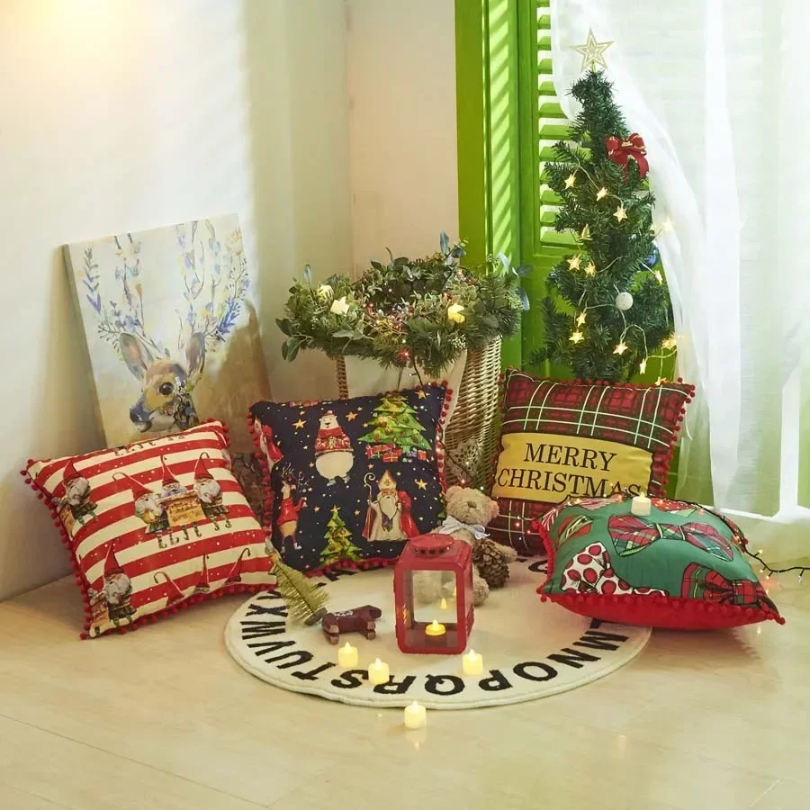 

Christmas Throw Pillow Cover with Hairbow Square Decorative Cushion Cover Sofa Living Room Party Home Decor Xmas Red Funda Cojin