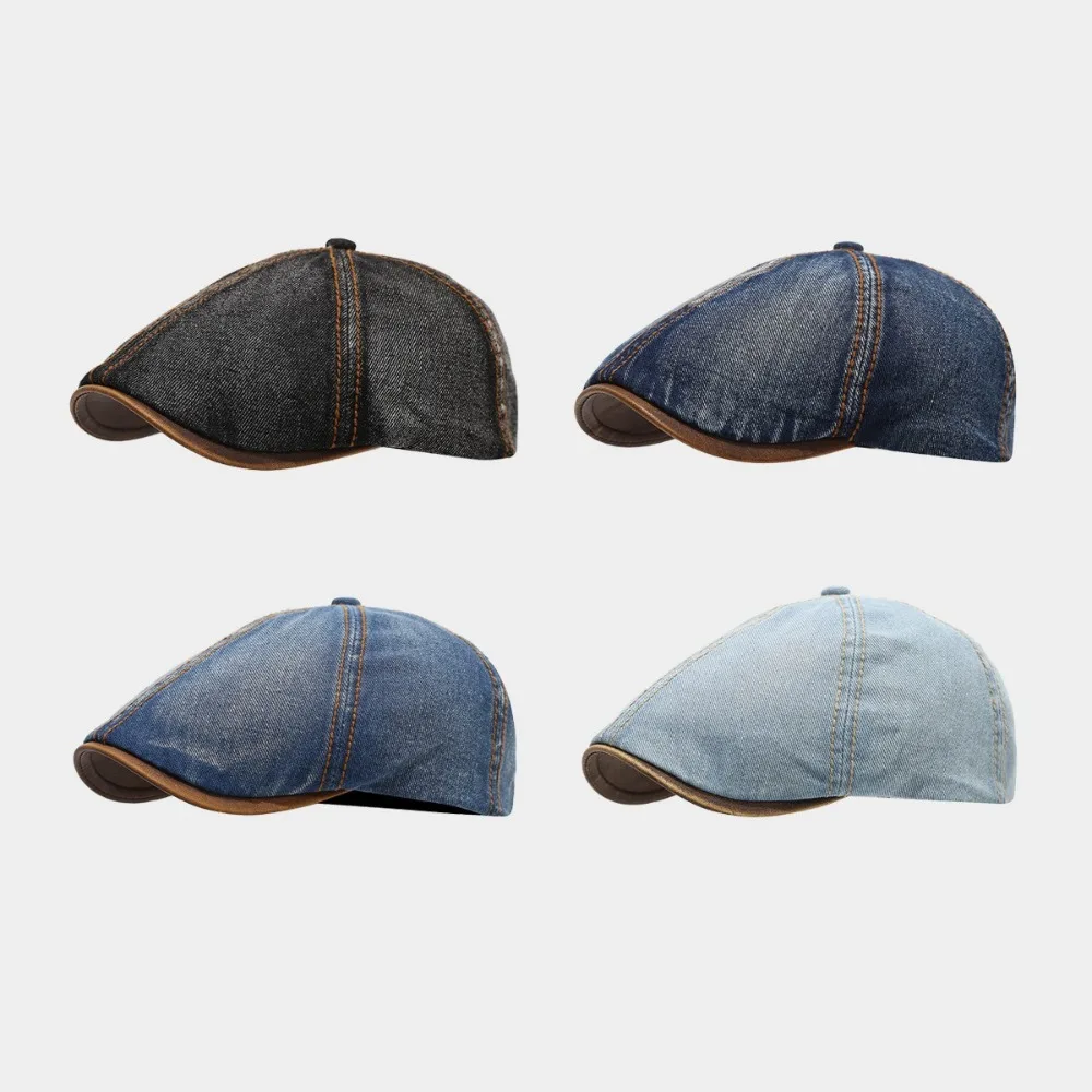 Lässige Baskenmütze aus gewaschenem Denim, Vintage, verstellbare Schirmmütze, kurze Krempe, Zeitungsjungenmütze, Unisex