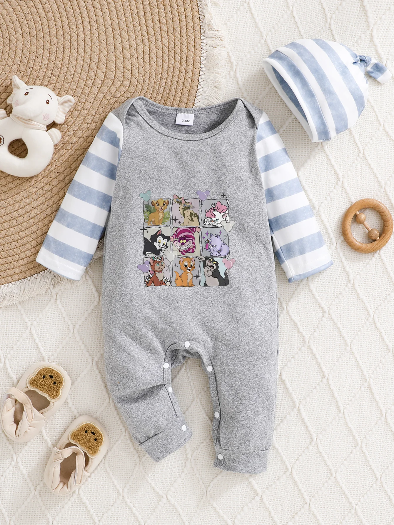 

【Officially Authorized】 Disney "Furry Friends" Baby Hooded Jumpsuit: 9-Panel Character Collage Striped Raglan Sleeve Print