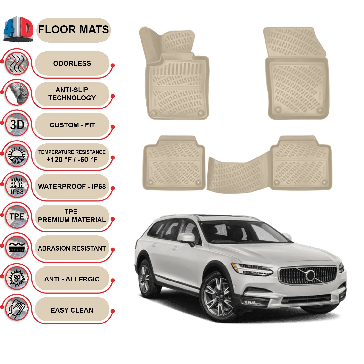 Volvo V90 - (2016-2022) Floor Mats Liner Waterproof 3D - (Beige)