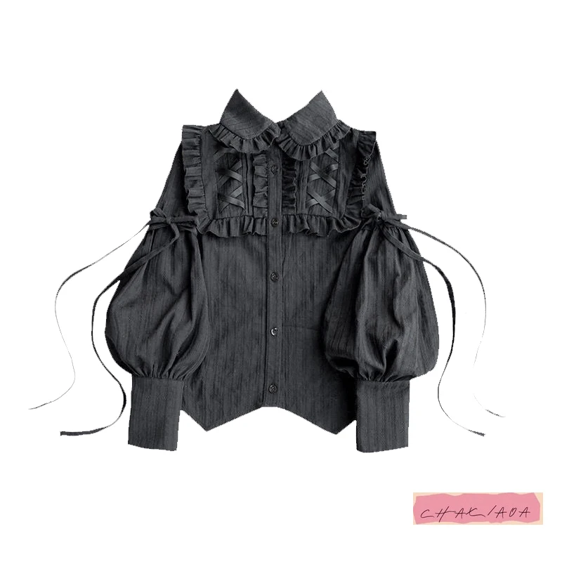 

Y2K Лолита Топ с рукавами-фонариками Элегантный ретро-кружевной ремень с листьями лотоса Универсальная черная рубашка с длинным рукавом Женская базовая рубашка для перерыва на чай Ветер