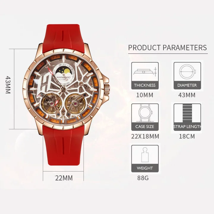 HANBORO ผู้ชายนาฬิกาอัตโนมัตินาฬิกาหรู 50M กันน้ําส่องสว่างนาฬิกาข้อมือ Hollout Out Dial Fly ล้อ Sapphire