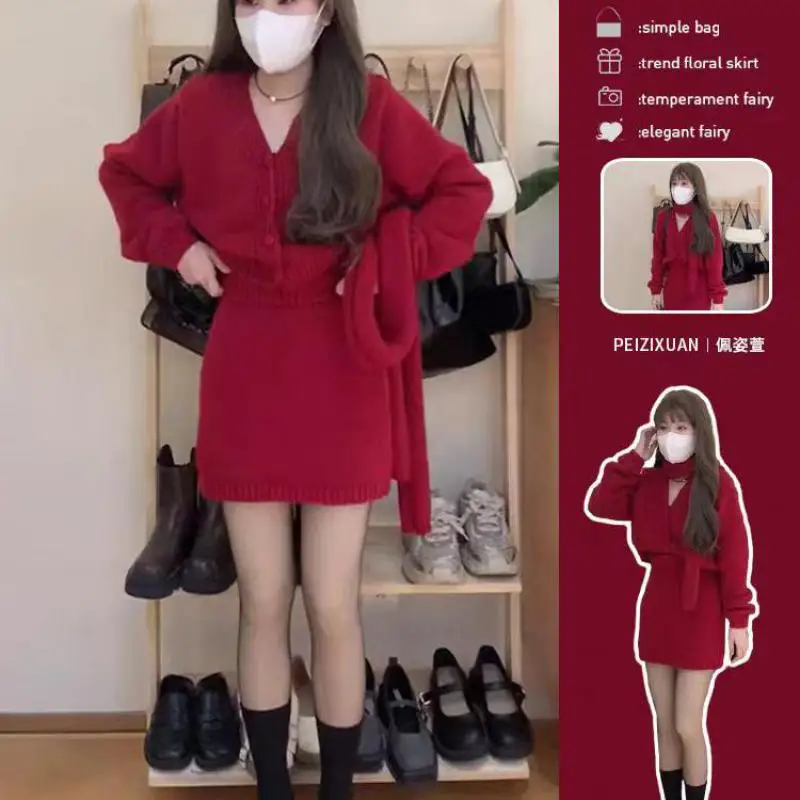 

Women's Elegant Knitted Cardigan Jacket Skirt Suit Winter Autumn 2025 New Fashion V-neck Knit T-shirts Three-piece Set
