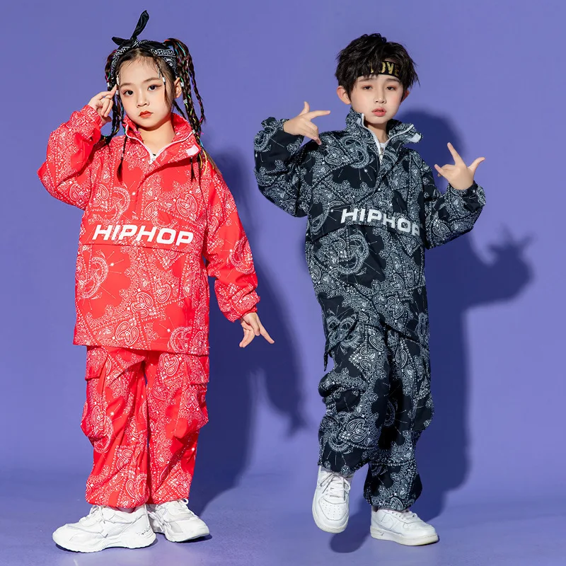 Junge Hip Hop Sweatshirt Jogger Kleidung Set Mädchen Hohe Kragen Paisley Top Cargo Hosen Kind Street Dance Kinder Streetwear Kostüm