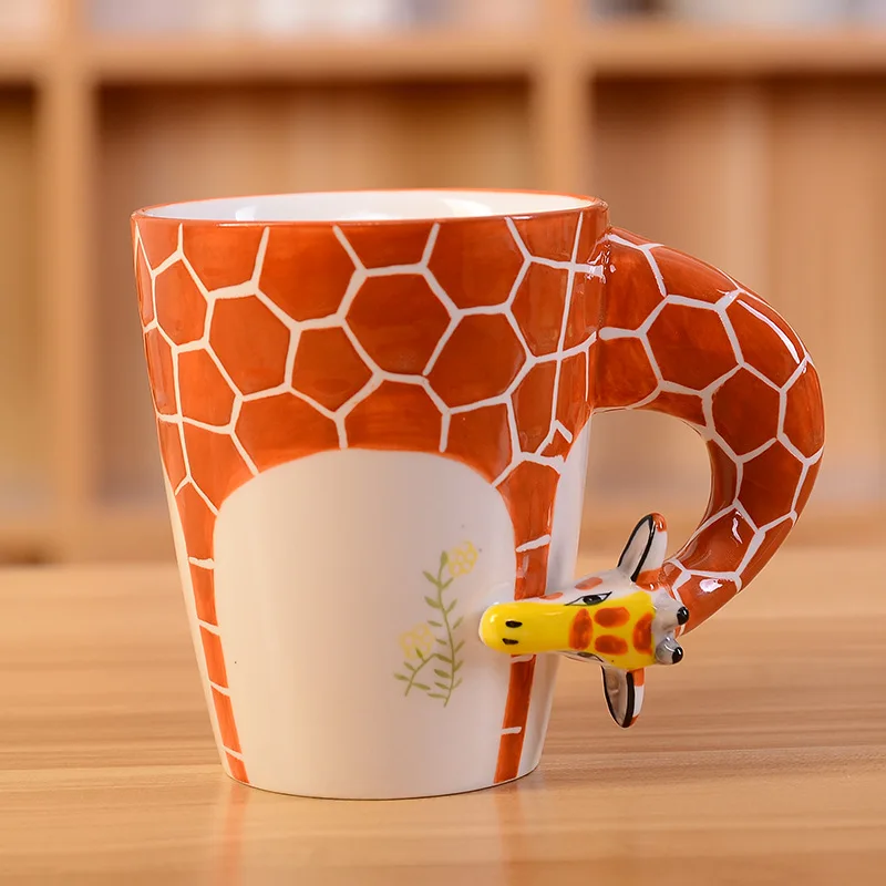 New design Creative Ceramic 3D Cup Coffee Milk Tea Mugs 3D animal shape Hand Painted Giraffe Cow Monkey Cup Birthday Gifts