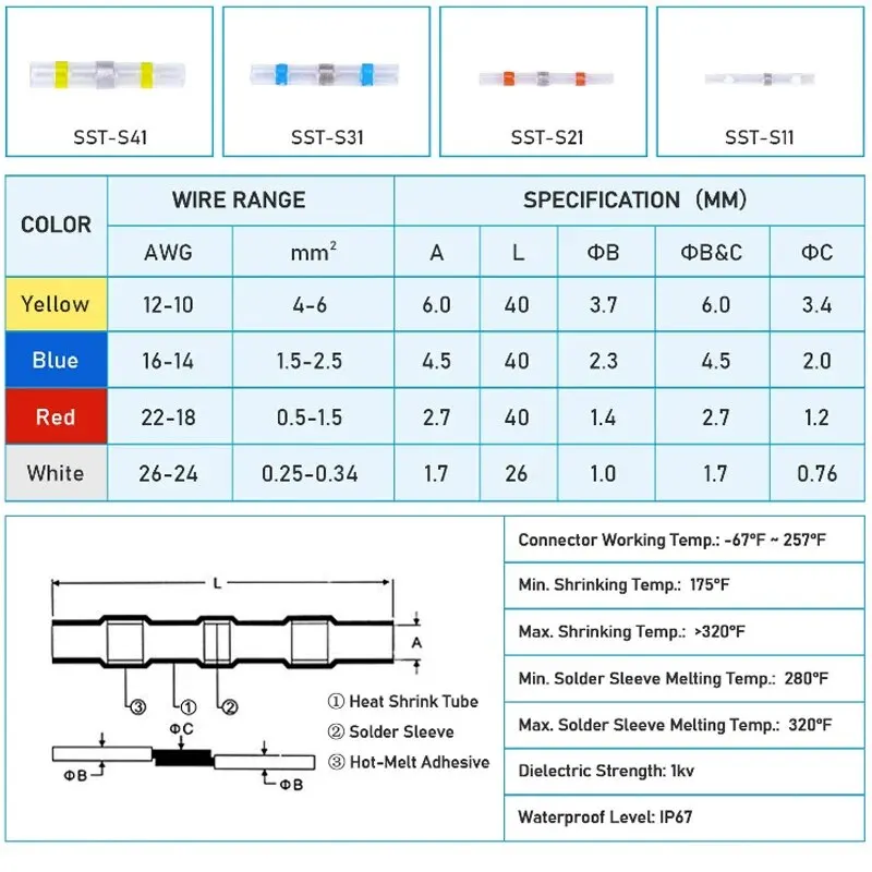 Electrical Wire Connectors Insulated Butt Splice Heat Shrink Solder Terminal Waterproof Butt Connectors Wire Cable Terminal