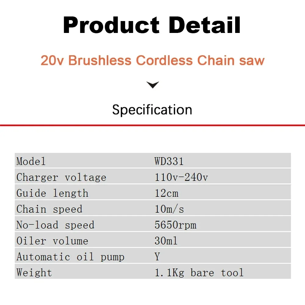 Worx WD331 Wireless Chain Saw Rechargeable Brushless 5 Inch 5650rpm 10m/s Auto Oil Pump for Wood Cut Universal 20v Green Battery